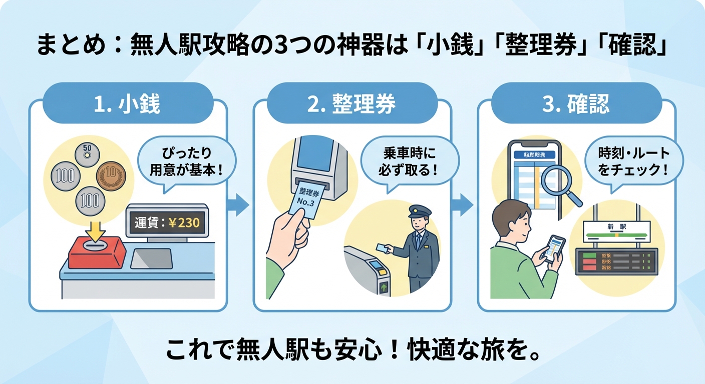 まとめ:無人駅攻略の3つの神器は「小銭」「整理券」「確認」