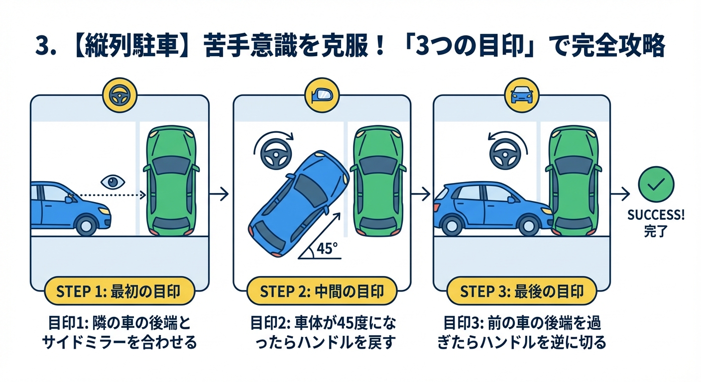 3. 【縦列駐車】苦手意識を克服！「3つの目印」で完全攻略