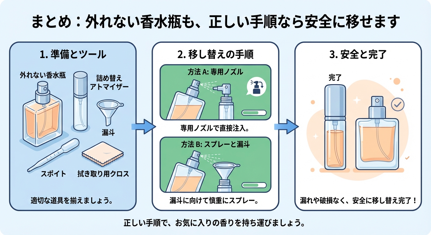 まとめ：外れない香水瓶も、正しい手順なら安全に移せます