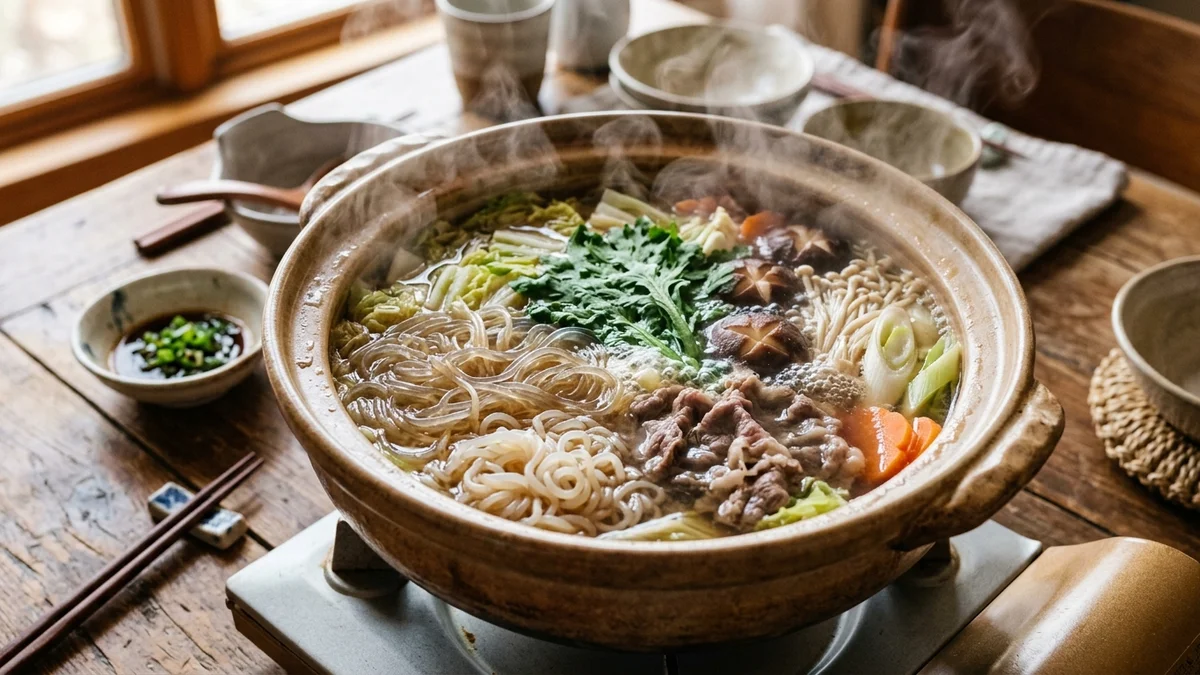 湯気が立ち上る美味しそうな鍋料理と透明な麺